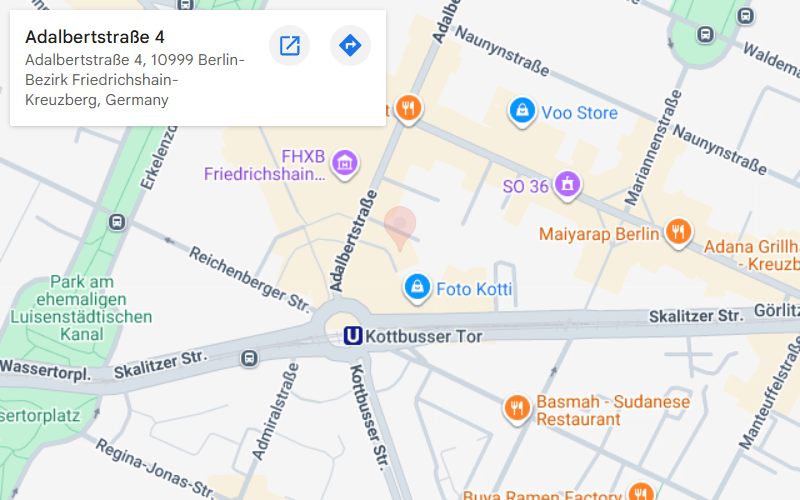 Map showing Kottiworx location at Adalbertstr. 4, 10999 Berlin